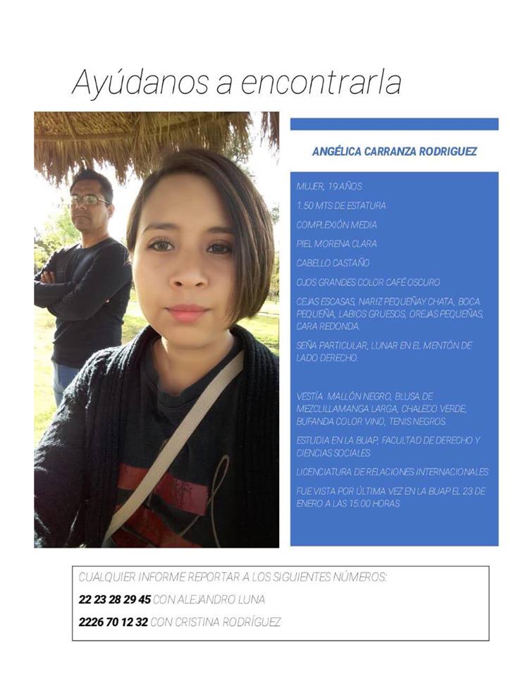 ¡Ayúdanos a encontrarla! Angélica Carranza Rodríguez, estudiante de la