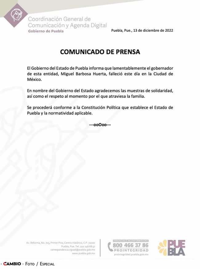 muerte miguel barbosa huerta comunicado prensa