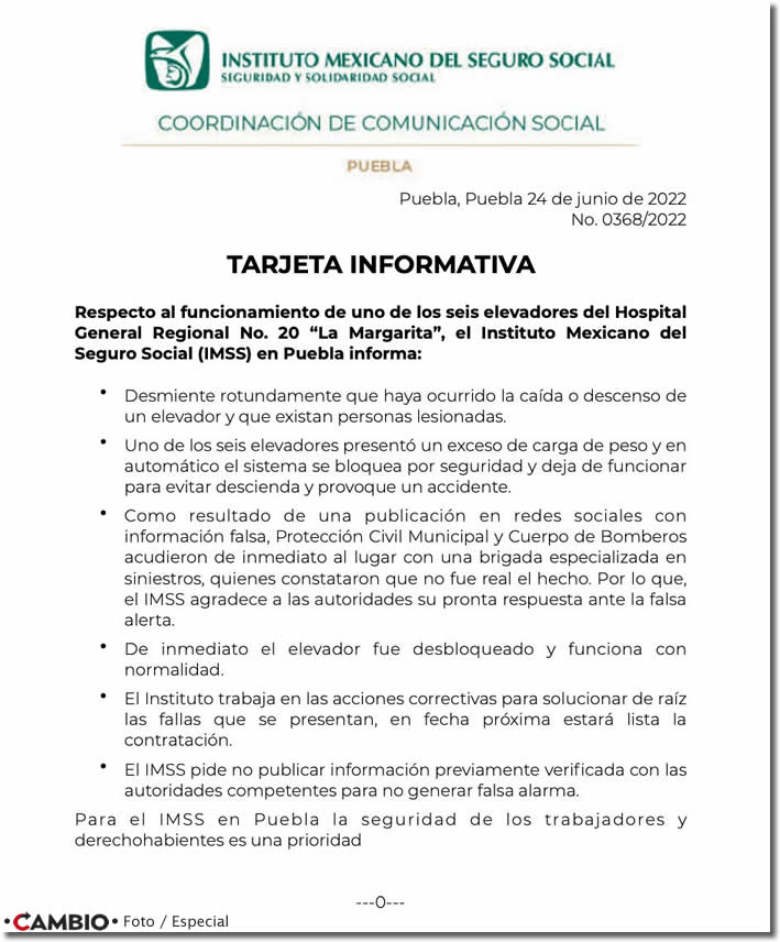 comunicado imss elevador