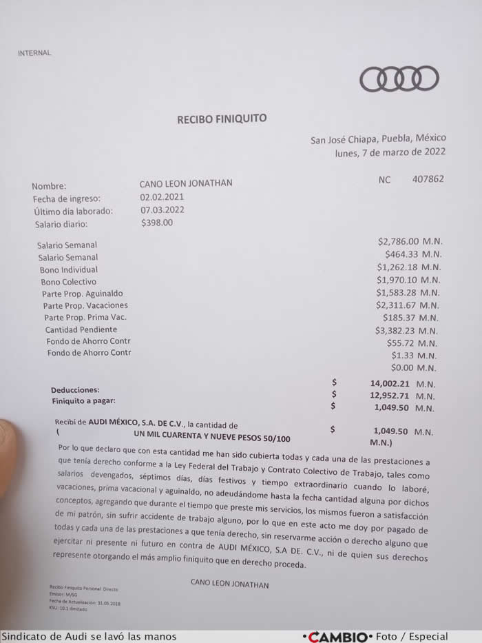 finiquito trabajador audi