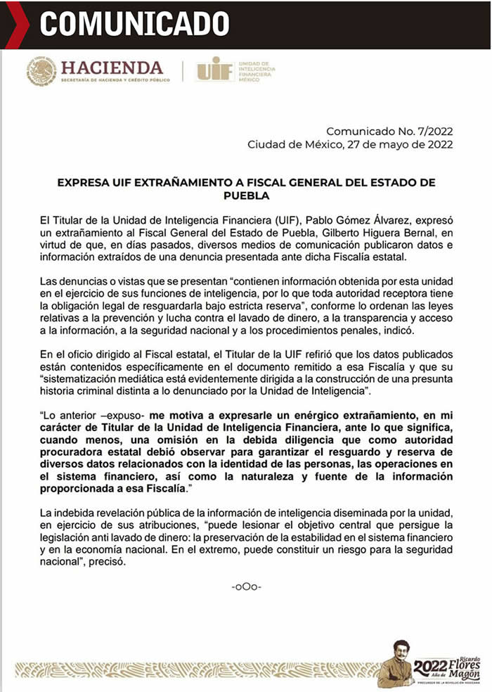 comunicado uif extranamiento fiscal puebla