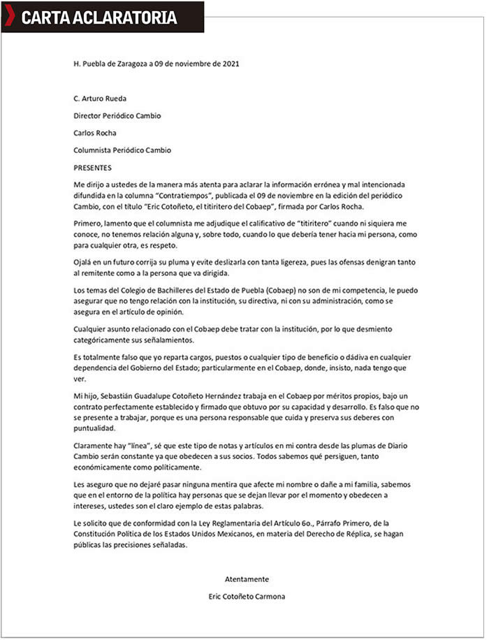 carta aclaratoria contratiempos
