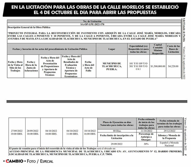 licitaciones obra tlachichuca gionanni gonzalez calle morelos