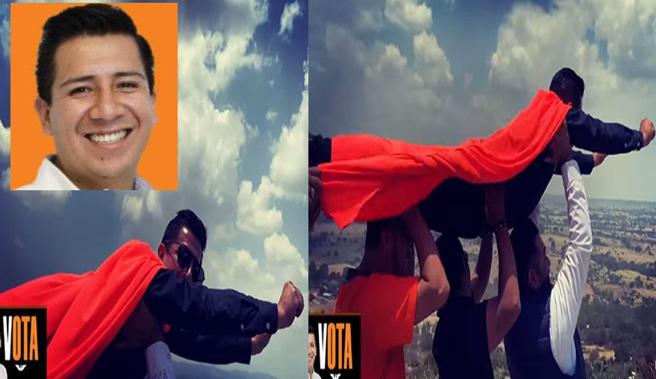 ¡Qué perro oso! Candidato a diputado local del MC en Amozoc se disfraza de Superman y finge que vuela (VIDEO)
