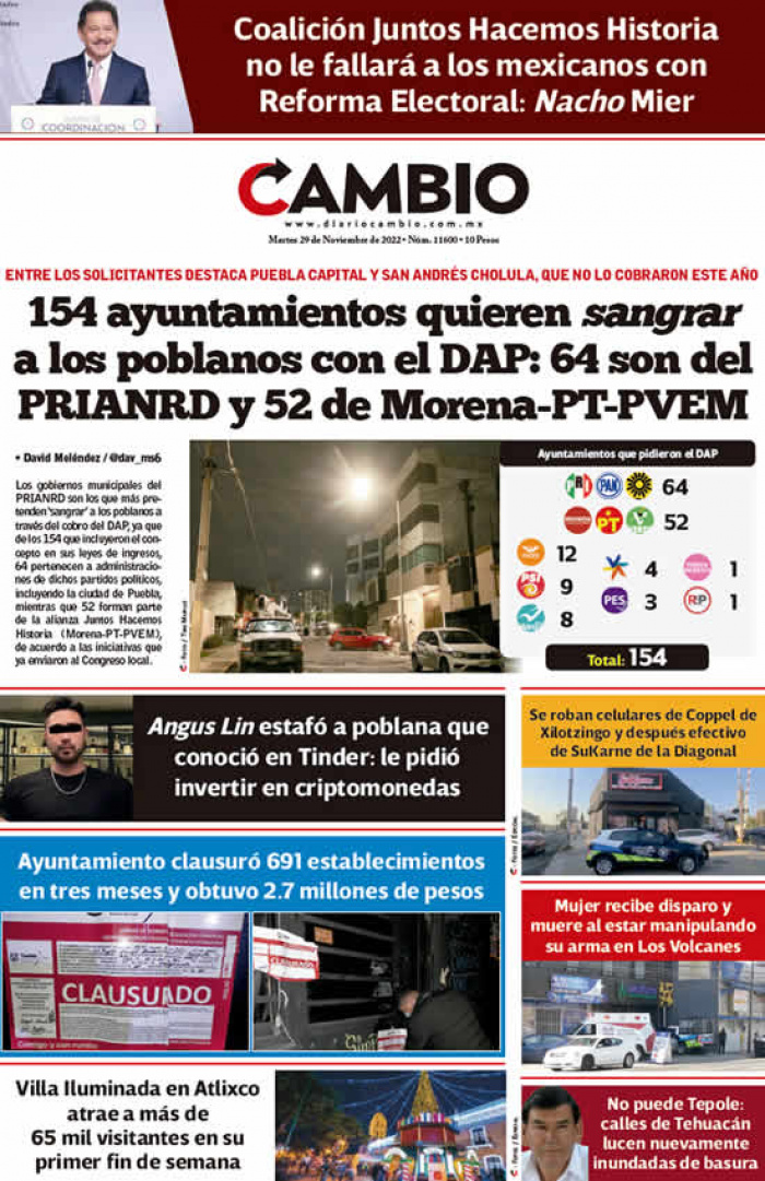 154 ayuntamientos quieren sangrar a los poblanos con el DAP: 64 son del PRIANRD y 52 de Morena-PT-PVEM
