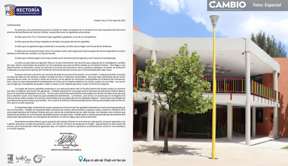 Instituto Oriente confirma que alumno si fue agredido físicamente al interior de las instalaciones
