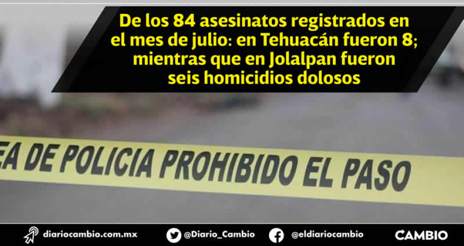Tehuacán y Jolalpan los municipios con más homicidios dolosos durante julio