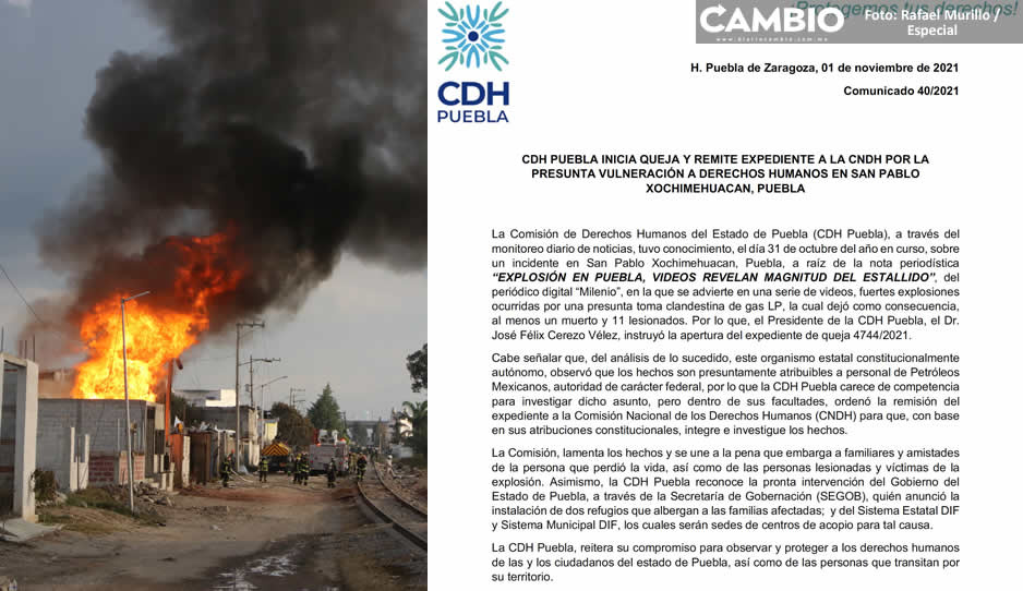 CDH Puebla atribuye a Pemex explosión en Xochimehuacan y abre queja de oficio