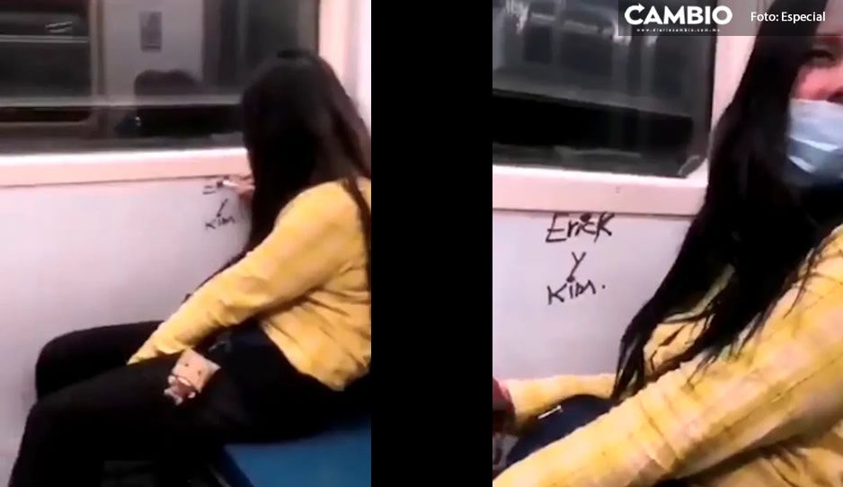 ¡La cacharon! #LadyRayones andaba escribiendo un mensaje de amor en el metro (VIDEO)