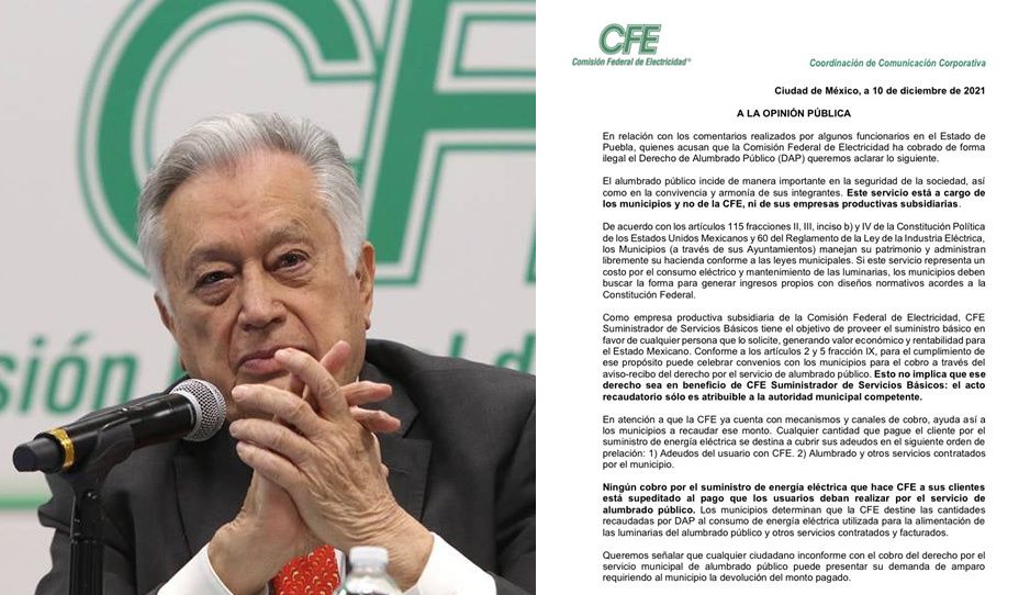Rechaza CFE ilegalidad en cobros del alumbrado: cualquier ciudadano puede ampararse