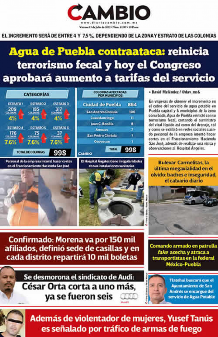 Agua de Puebla contraataca: reinicia terrorismo fecal y hoy el Congreso aprobará aumento a tarifas del servicio