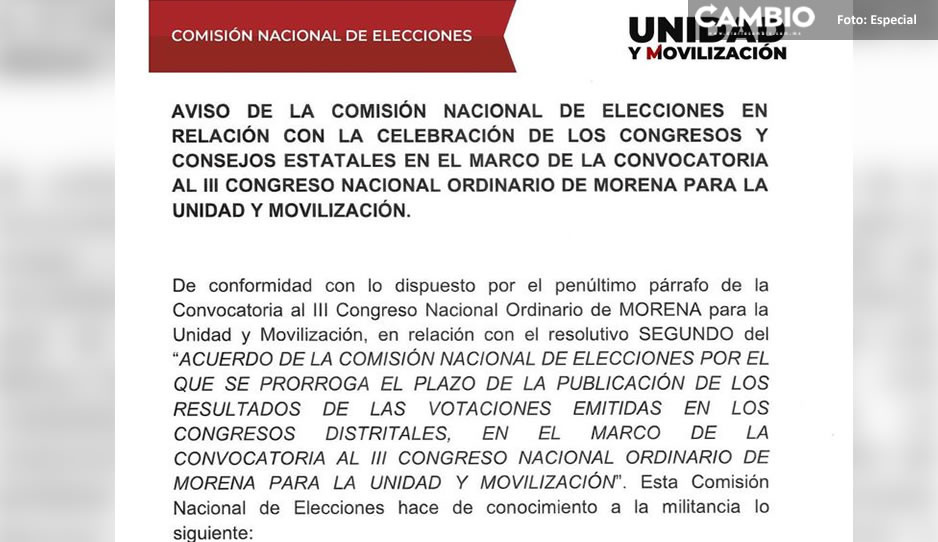 OFICIAL: Suspenden elección de nuevo dirigente estatal de Morena en Puebla