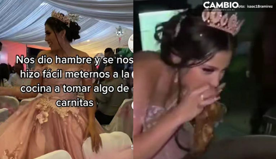 ¡Como caníbal! Quinceañera pierde el glamour y así se comió las carnitas durante la fiesta (VIDEO)