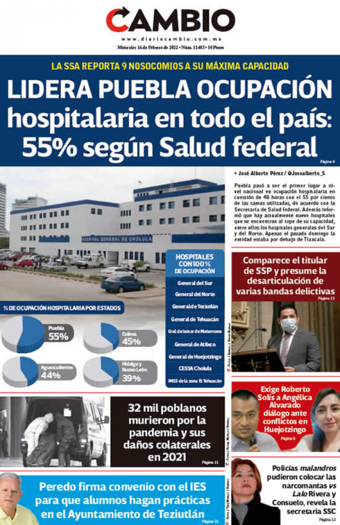 LIDERA PUEBLA OCUPACIÓN hospitalaria en todo el país: 55% según Salud federal