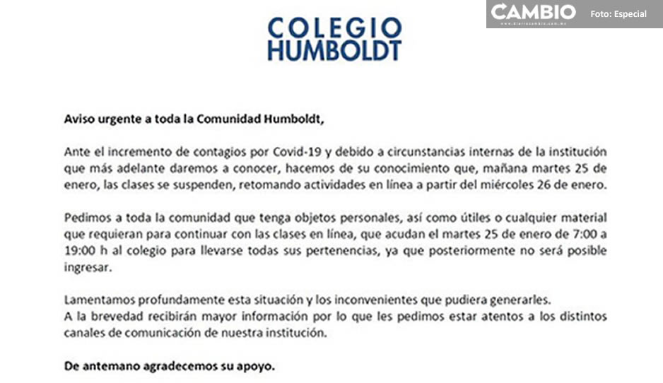 Colegio Humboldt suspende clases presenciales por aumento de contagios Covid