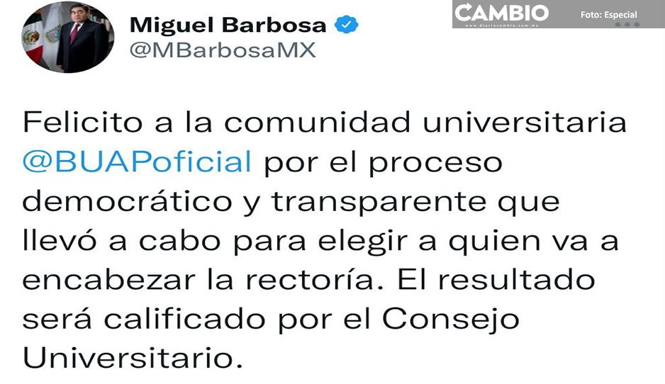 Barbosa felicita a comunidad universitaria por participación en elecciones para la rectoría BUAP