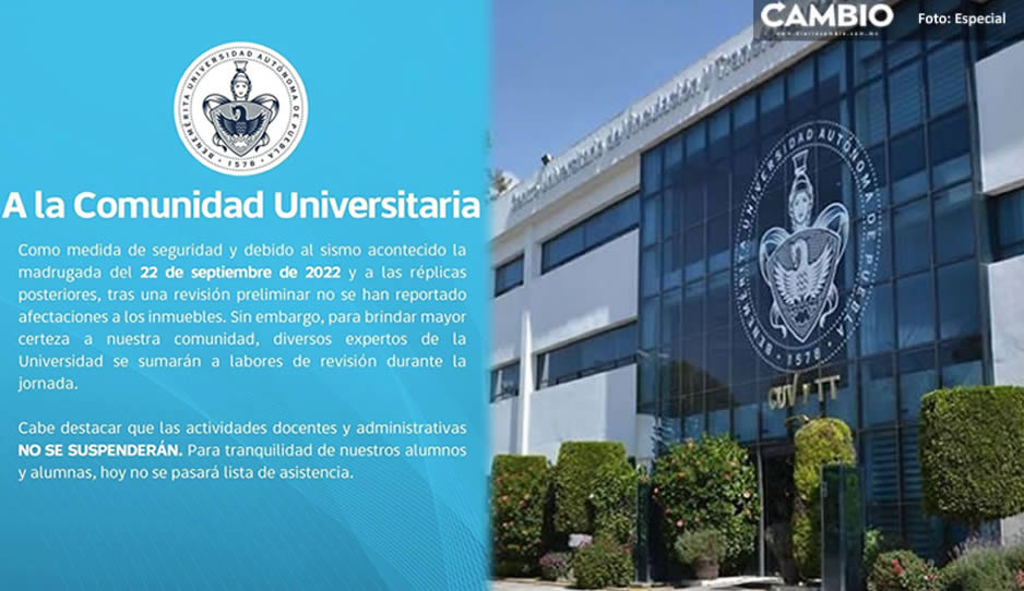 BUAP reporta saldo blanco y ningún daño estructural en los edificios tras el temblor