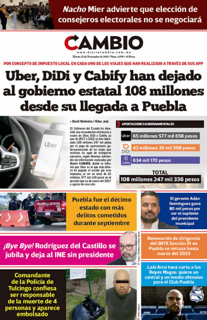 Uber, DiDi y Cabify han dejado al gobierno estatal 108 millones desde su llegada a Puebla