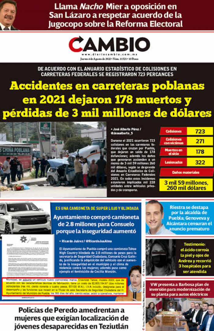 Accidentes en carreteras poblanas en 2021 dejaron 178 muertos y pérdidas de 3 mil millones de dólares