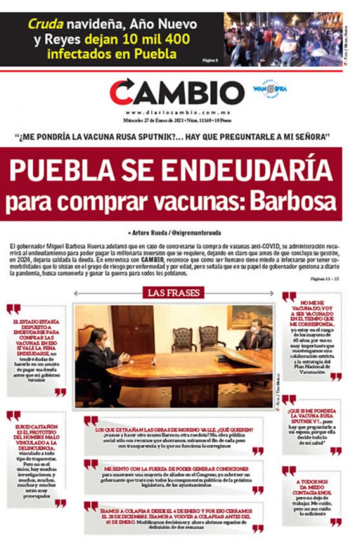 PUEBLA SE ENDEUDARÍA para comprar vacunas: Barbosa