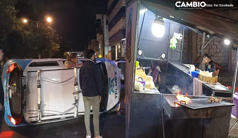 Chofer borracho de TELMEX se estampa y derrumba caseta de tacos frente a Plaza Dorada