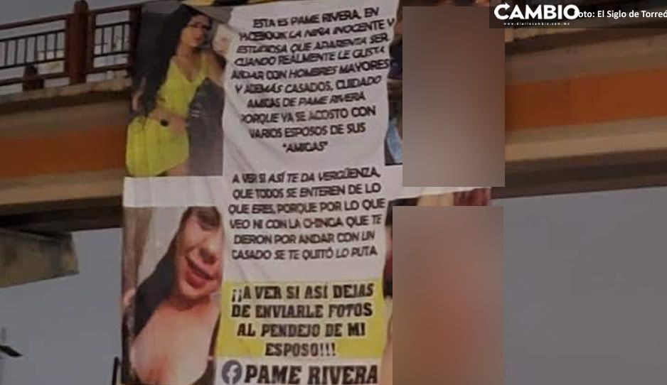 Mujer exhibe a la amante de su esposo con manta colgada en puente peatonal (FOTOS)