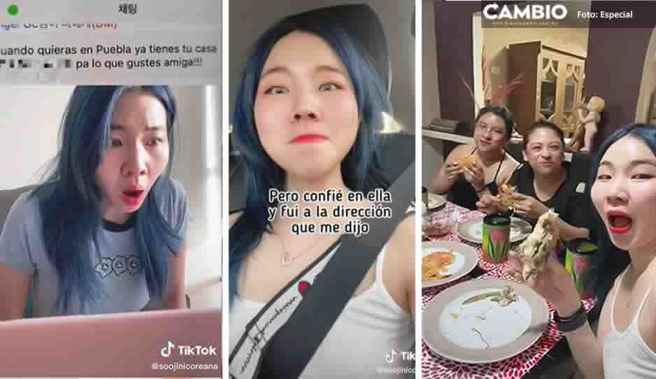 “Chingu Amiga”, famosa tiktoker coreana visita Puebla, le cae a fan en su casa y prueba las cemitas