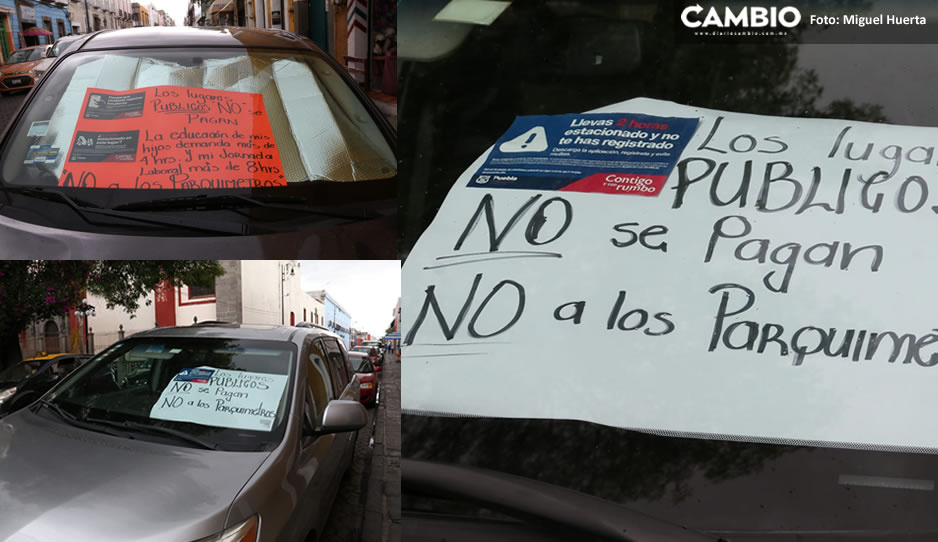 Más poblanos en contra de parquímetros; colonos de la 9 Oriente ponen cartulinas en sus autos (VIDEO)