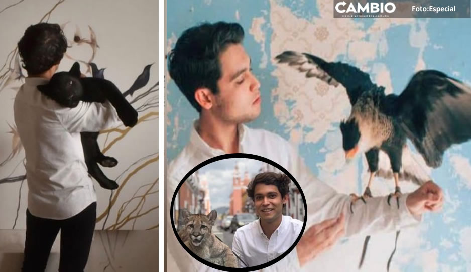 &quot;Daría mi vida por los animales&quot;, dice pintor poblano en medio de FOTOS con un puma, tigre y águila