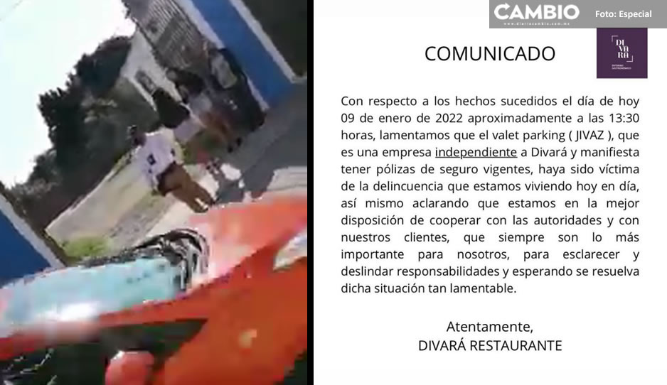 Restaurante Divará se deslinda del atraco de autos en Cholula; culpa al valet parking, Jivaz