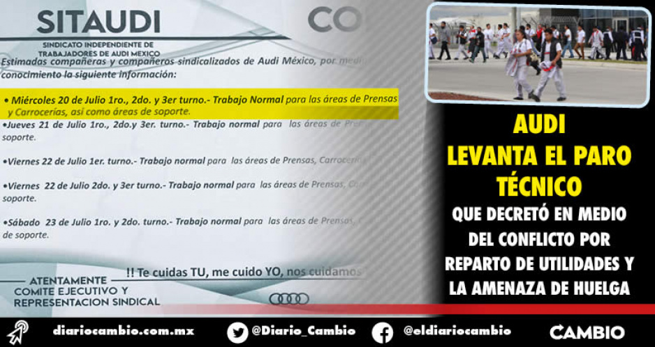Audi dejó enfriar conflicto por Utilidades y el miércoles vuelven del paro técnico