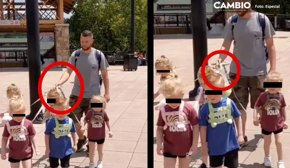 Destrozan a papá en redes por sacar a pasear a sus hijos con correa (VIDEO)
