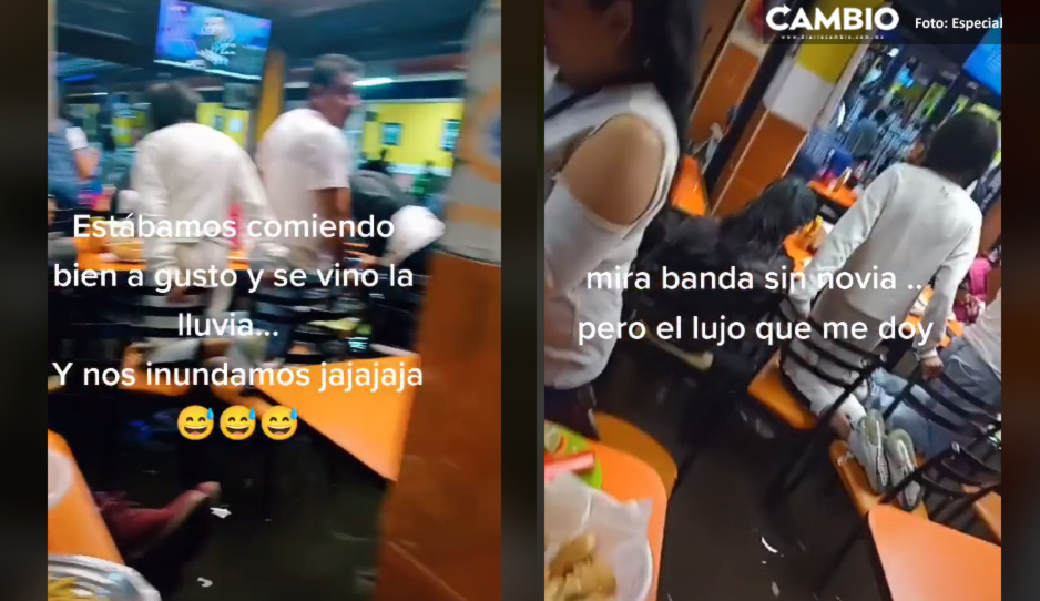 Poblanos se inundan mientras comen mariscos frente al Mercado Morelos (VIDEO)