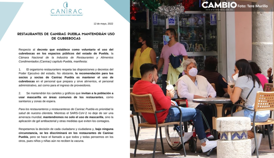 Restaurantes de la Canirac seguirán con el uso obligatorio del cubrerbocas pese a decreto