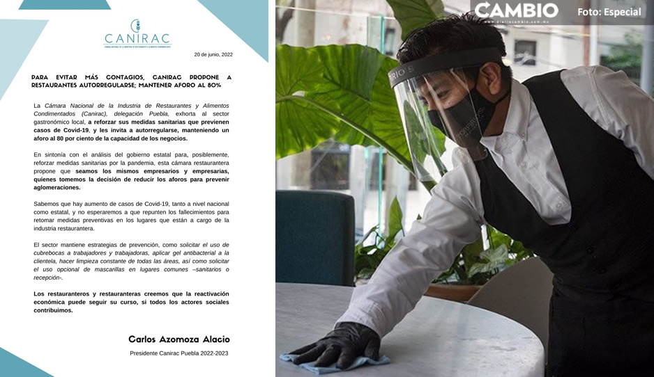 Canirac recomienda a restauranteros bajar el aforo al 80% tras aumento de contagios por COVID