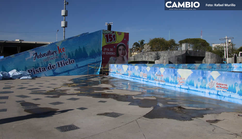 Convenciones y Parques fracasan con arranque de la pista de hielo a un lado de la Estrella de Puebla (FOTOS Y VIDEOS)