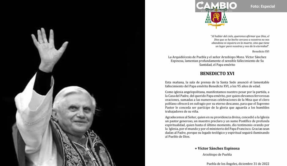Arquidiócesis de Puebla lamenta el fallecimiento del papa emérito Benedicto XVI