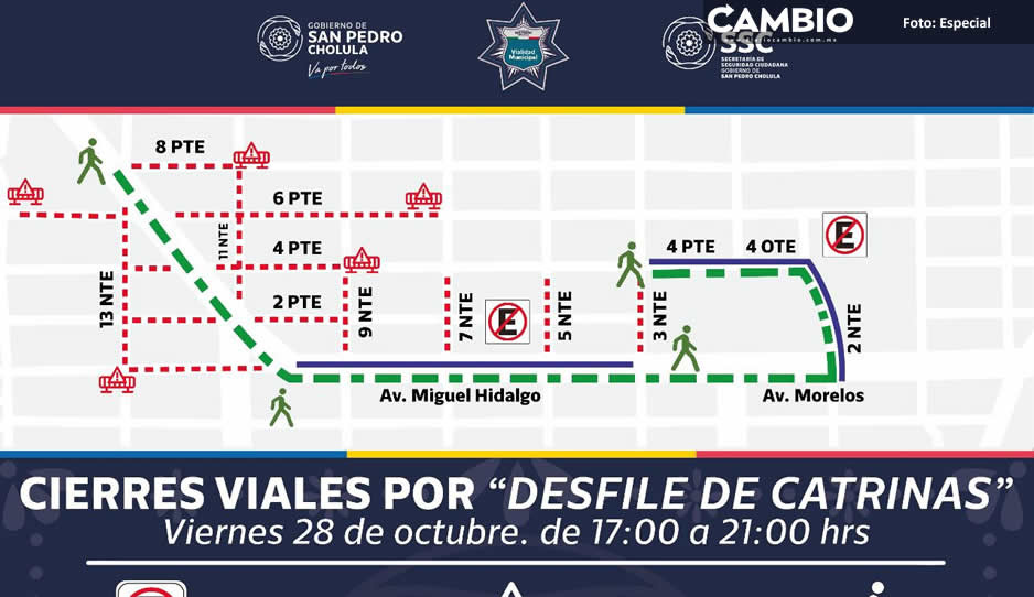 SSC de San Pedro Cholula implementará cierre de calles por desfile de catrinas