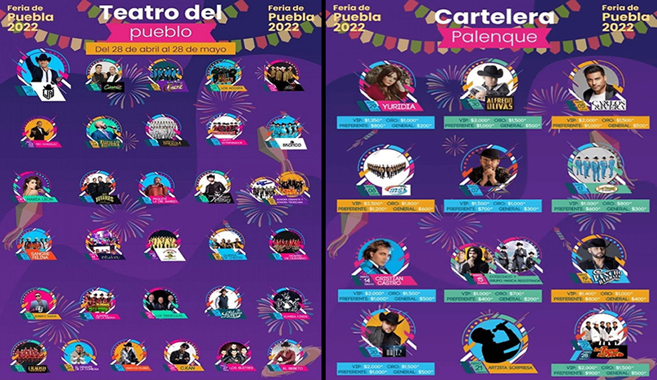 Ventilan el cartel de la Feria de Puebla y Palenque 2022... y no estará Grupo Firme ¡aquí la lista!