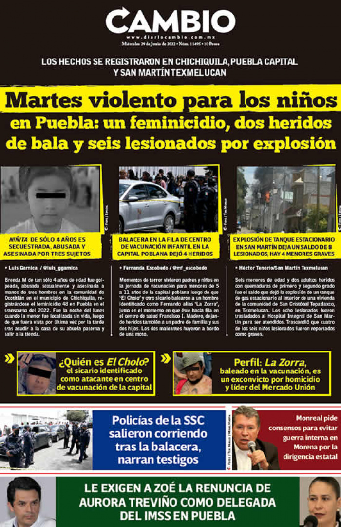Martes violento para los niños en Puebla: un feminicidio, dos heridos de bala y seis lesionados por explosión