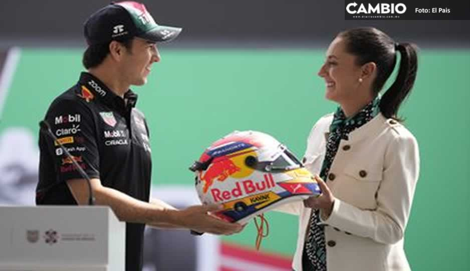 Checo Pérez sorprende a Claudia Sheinbaum; le regala casco de Red Bull