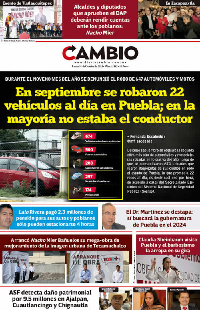En septiembre se robaron 22 vehículos al día en Puebla; en la mayoría no estaba el conductor