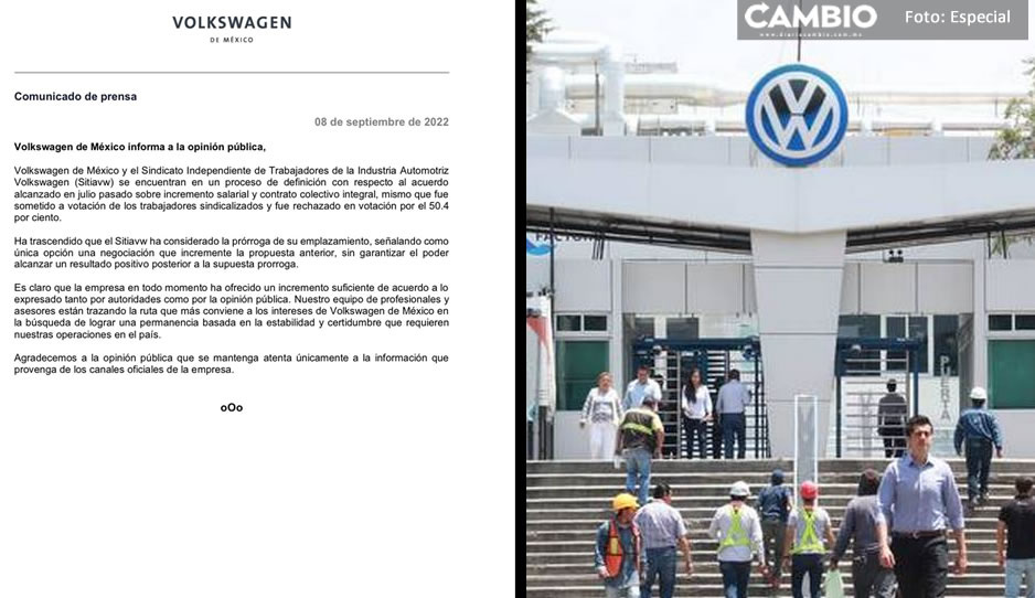 VW no ofertará más a trabajadores; incremento global del 11 por ciento es suficiente
