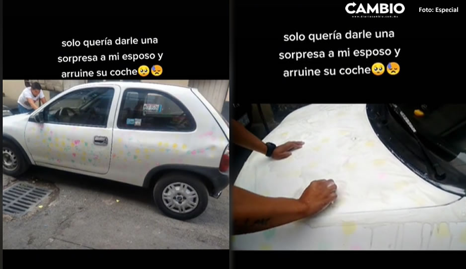 Quería darle una romántica sorpresa a su esposo y terminó arruinándole el coche (VIDEO)