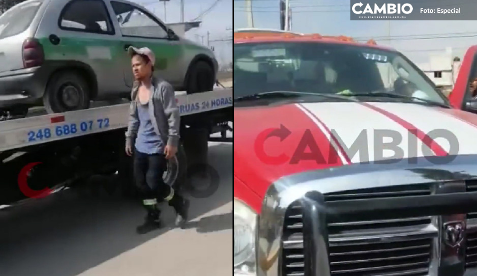 ¡Aparatoso accidente! Grúa choca contra camioneta en Texmelucan (VIDEO)