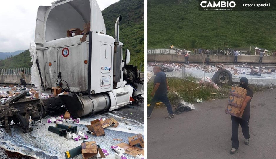 ¡Leche Alpura gratis! Rapiñan cajas tras volcadura de camión en la Puebla- Orizaba