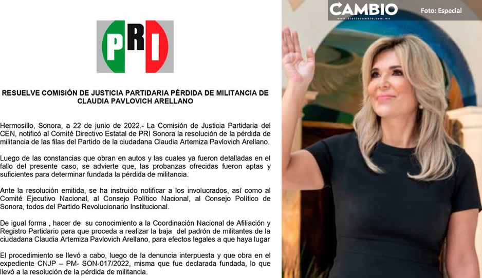 Expulsan del PRI a ex gobernadora de Sonora, Claudia Pavlovich tras ser nombrada cónsul de México en Barcelona