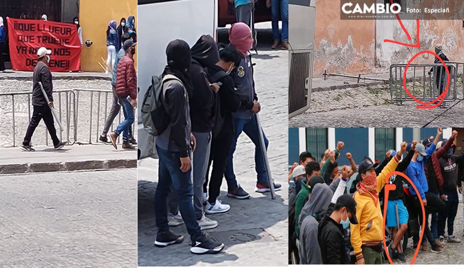 Grupo de choque armado con tubos prepara trifulca afuera de Casa Aguayo en apoyo a normalistas (FOTOS)
