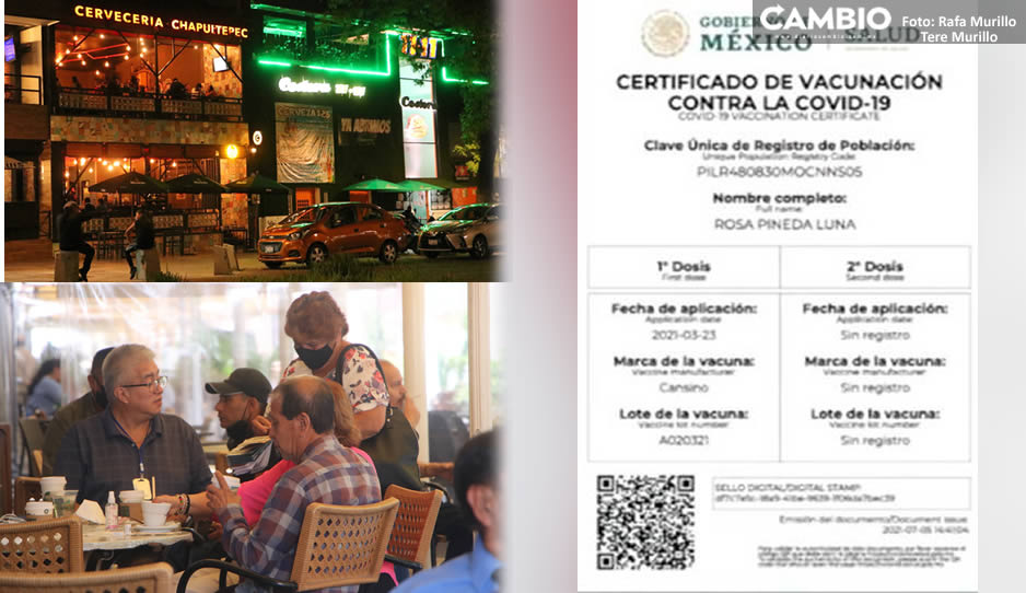 Certificado de Vacunación se pedirá en lugares cerrados, restaurantes y bares de Puebla