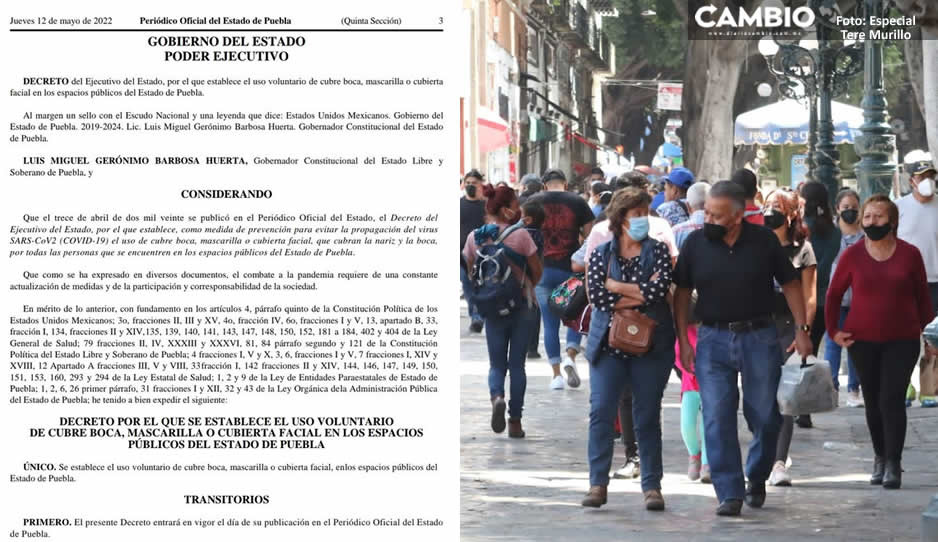 OFICIAL: Gobierno de Puebla publicó el decreto donde declara voluntario el uso de cubrebocas